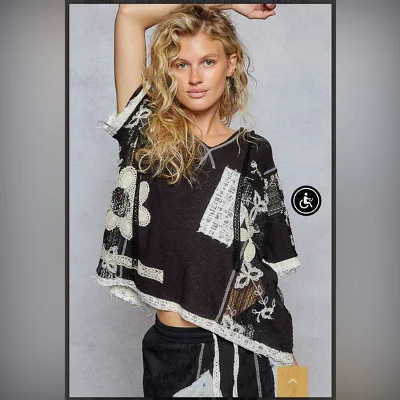 POL Black Patchwork Top with Crochet design - Picture 1 of 5